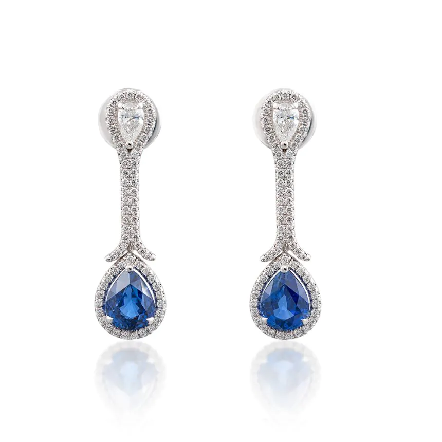 18ct White Gold Hand-Crafted 3.47ct Sapphire and Diamond Drop Earrings