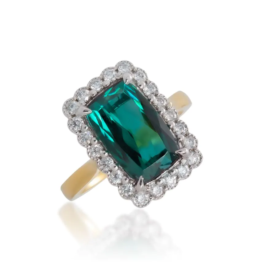 18ct Yellow Gold, 3.25ct Green Tourmaline and Diamond Cluster Ring