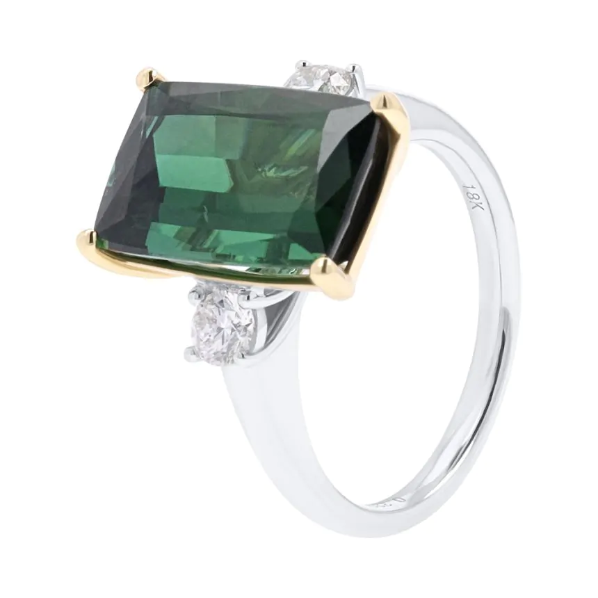 18ct White Gold 5.83ct Green Tourmaline and Diamond Three Stone Ring