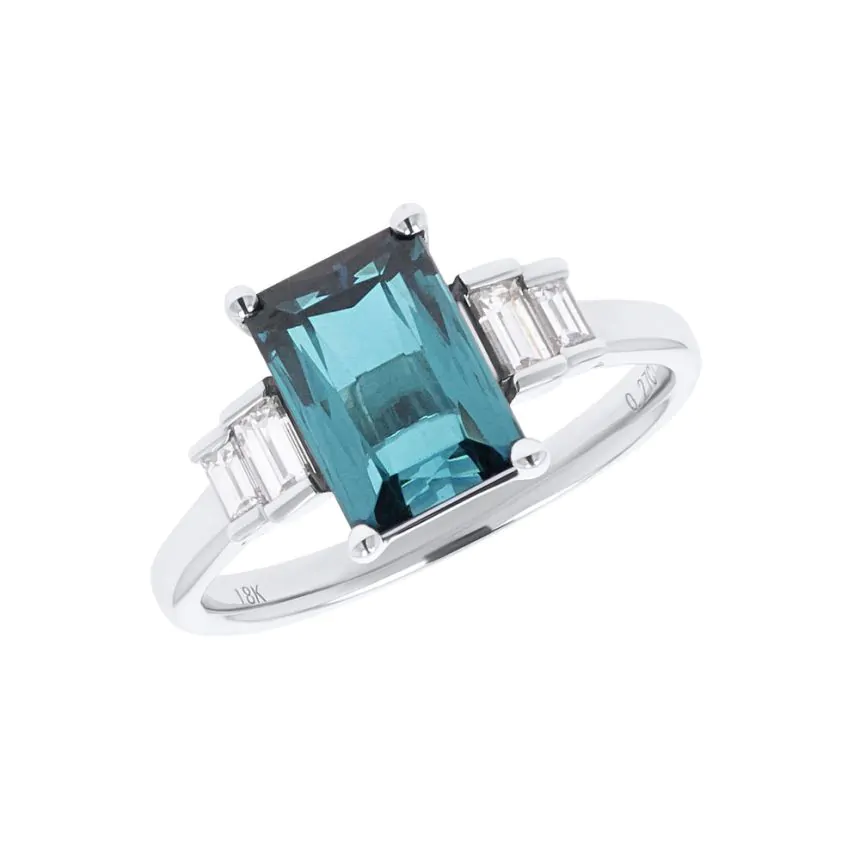 18ct White Gold 2.44ct Teal Tourmaline and Diamond Five Stone Ring