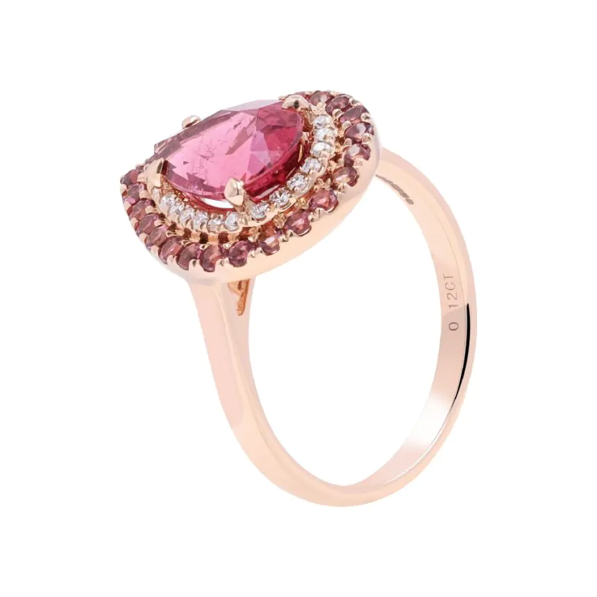 18ct Rose Gold 1.52ct Pink Tourmaline and 0.12ct Diamond Halo Ring