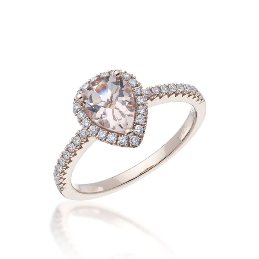 18ct rose gold morganite and diamond halo ring