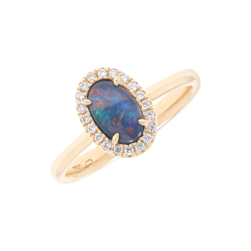 18ct Yellow Gold 0.41ct Black Opal and 0.09ct Diamond Cluster Ring