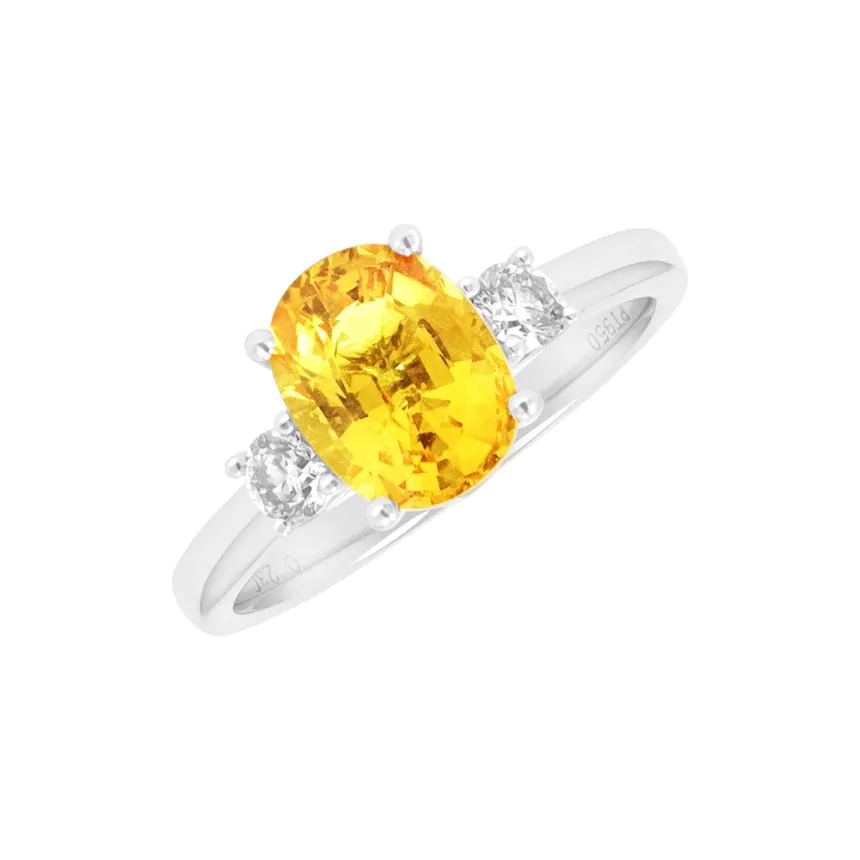 Platinum 2.61ct Yellow Sapphire and 0.23ct Diamond Three Stone Ring