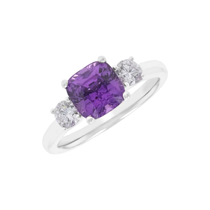 Platinum 2.20ct Purple Sapphire and 0.38ct Diamond Three Stone Ring