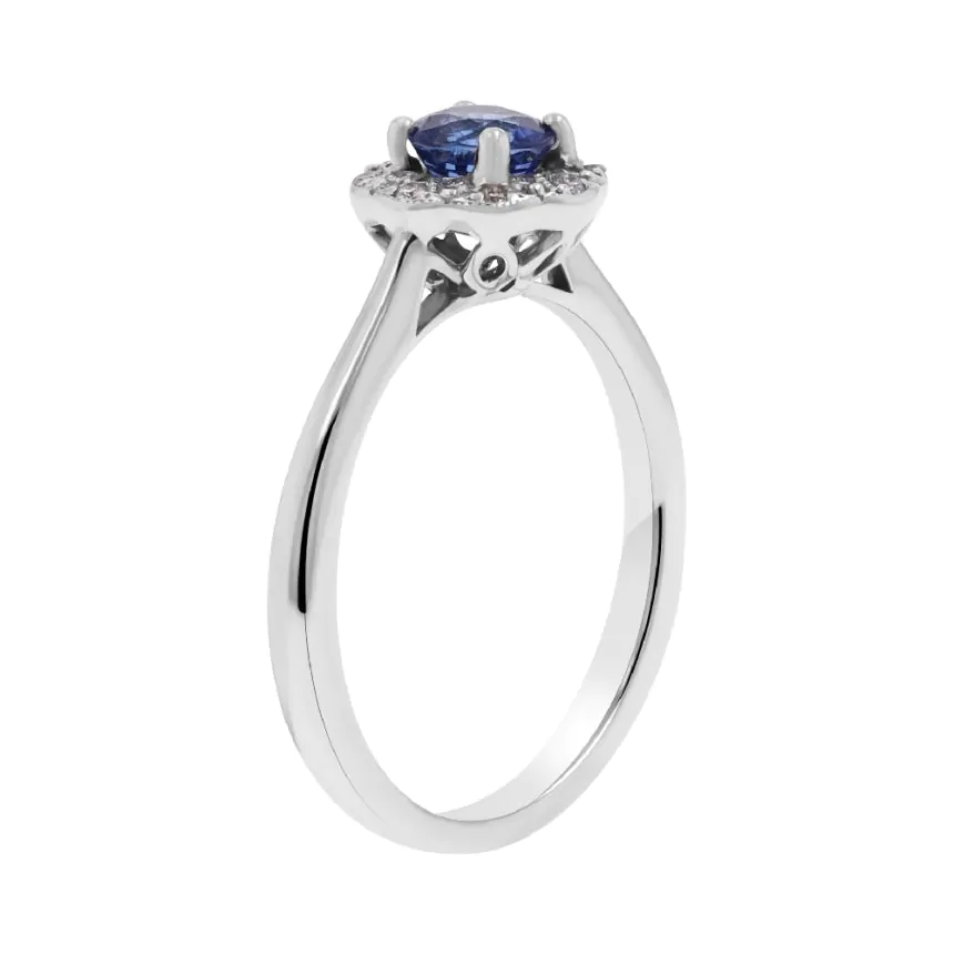 18ct White Gold 0.61ct Sapphire and 0.11ct Diamond Halo Ring