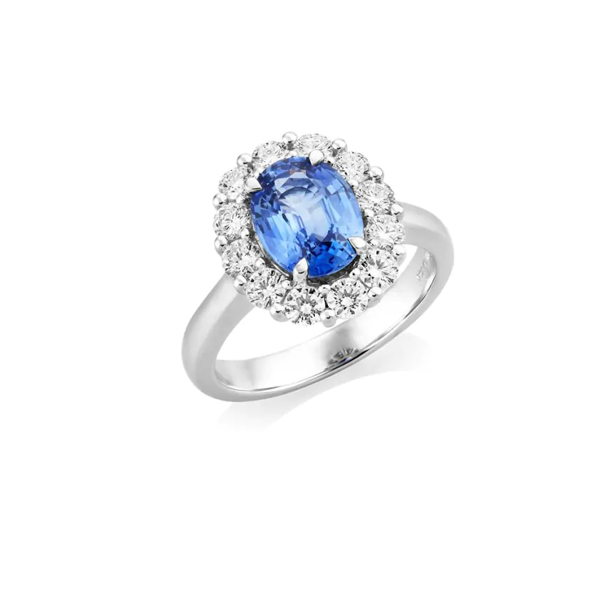 18ct White Gold 2.27ct Sapphire and 0.98ct Diamond Halo Ring
