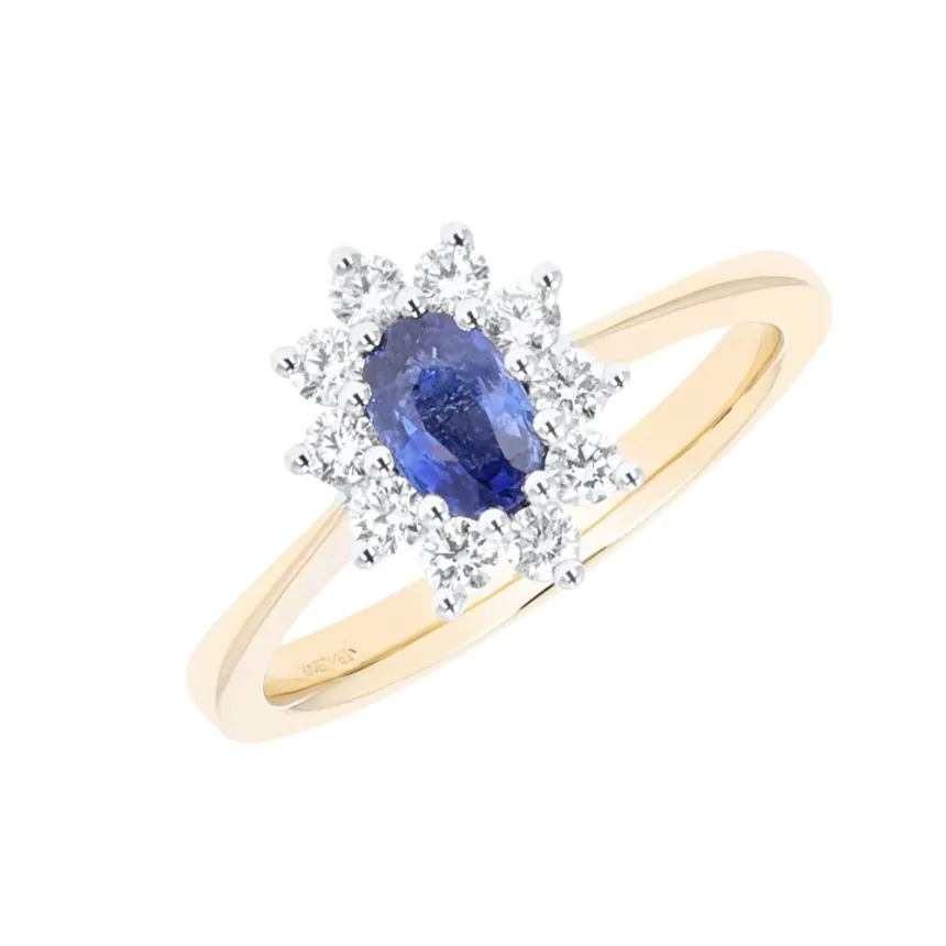 18ct Yellow and White Gold 0.55ct Sapphire and 0.34ct Diamond Cluster Ring