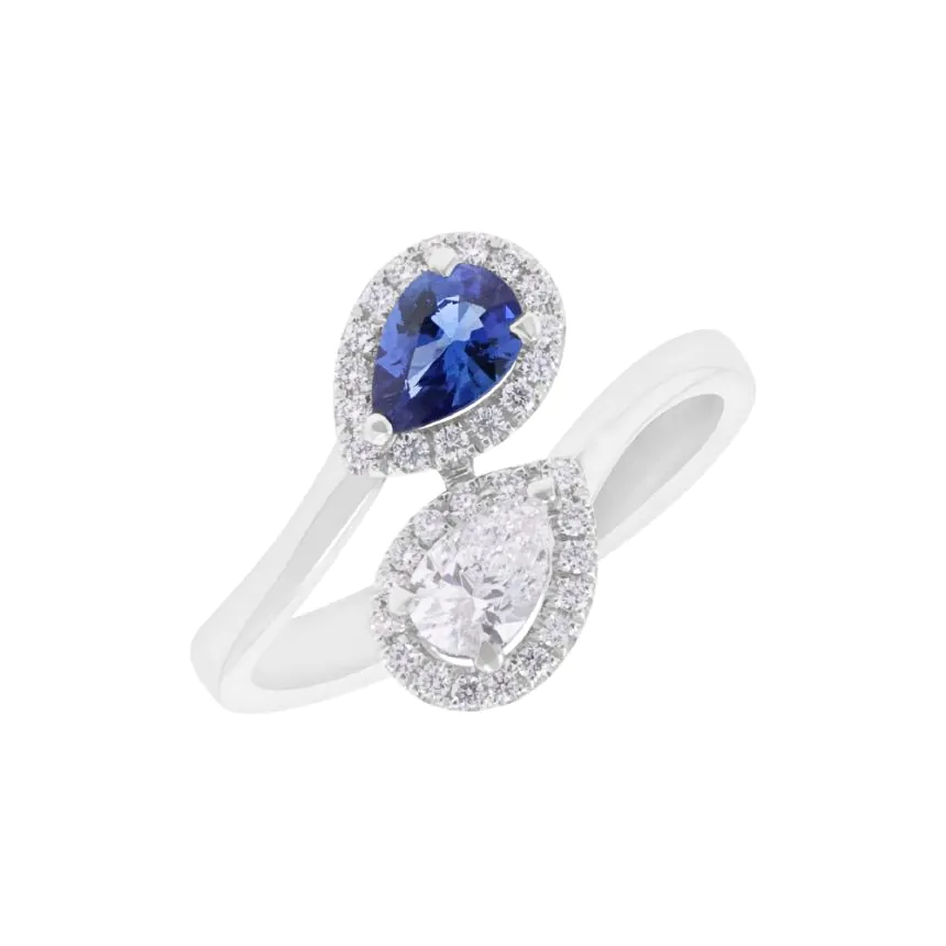 18ct White Gold 0.30ct Diamond and 0.42ct Sapphire Crossover Dress Ring
