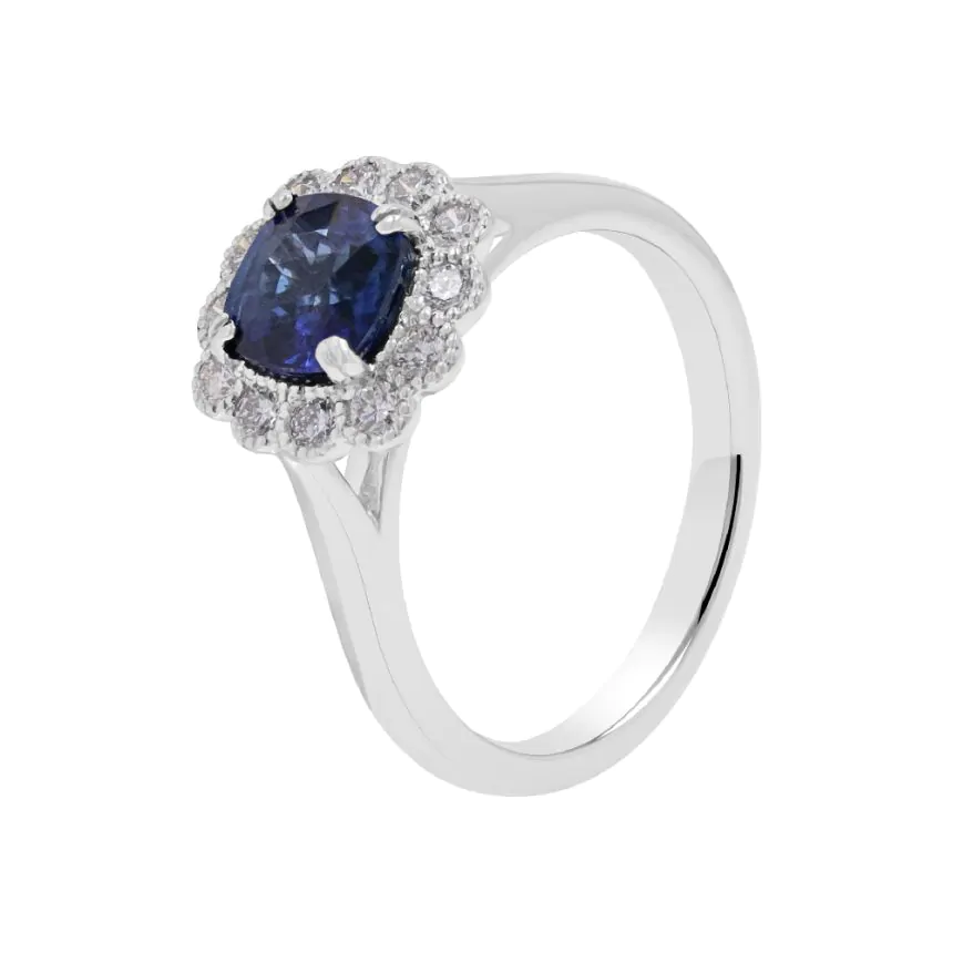 Platinum 1.22ct Sapphire and 0.29ct Diamond Cluster Halo Ring