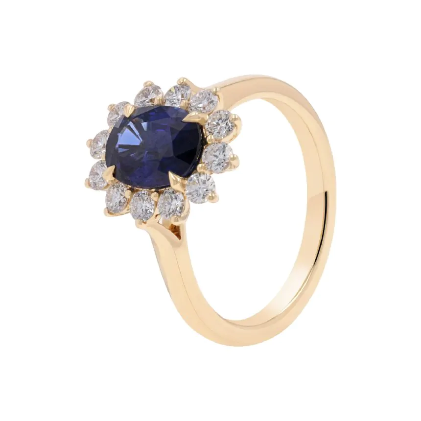 18ct Yellow Gold 1.78ct Sapphire and 0.66ct Diamond Halo Cluster Ring