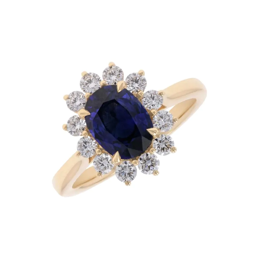 18ct Yellow Gold 1.78ct Sapphire and 0.66ct Diamond Halo Cluster Ring