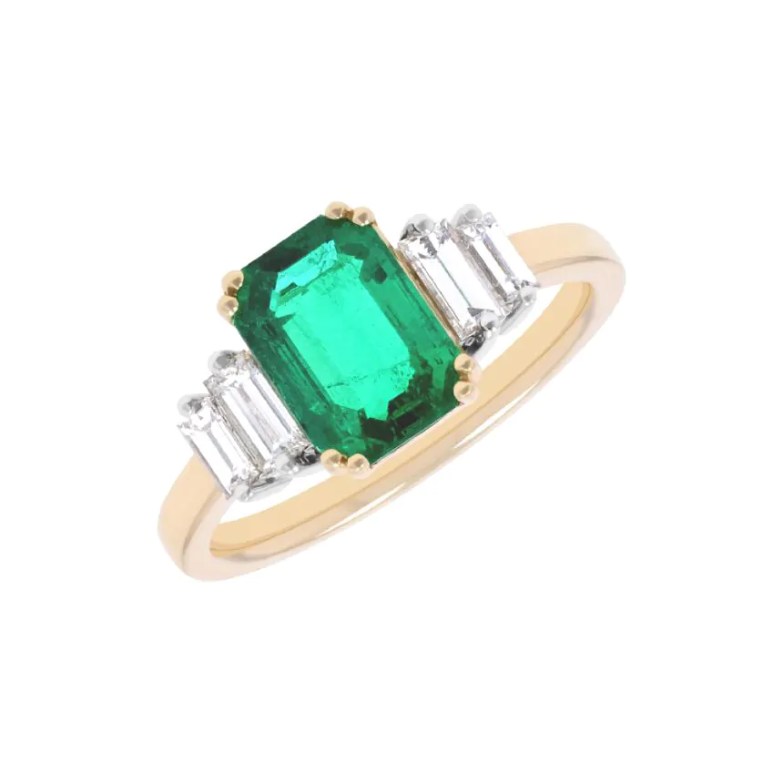 18ct Yellow Gold 1.48ct Emerald and 0.51ct Diamond Five Stone Ring