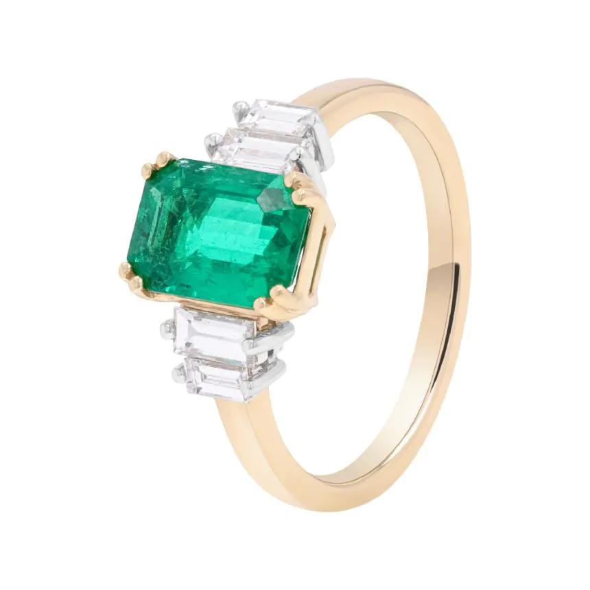18ct Yellow Gold 1.48ct Emerald and 0.51ct Diamond Five Stone Ring
