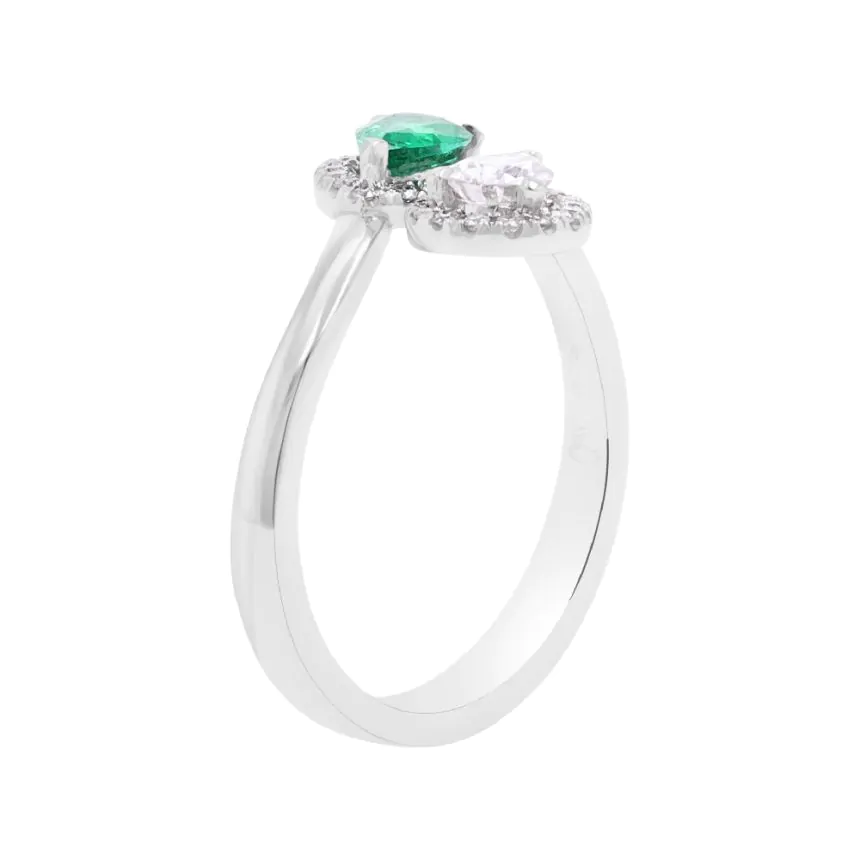 18ct White Gold 0.32ct Diamond and 0.36ct Emerald Crossover Dress Ring