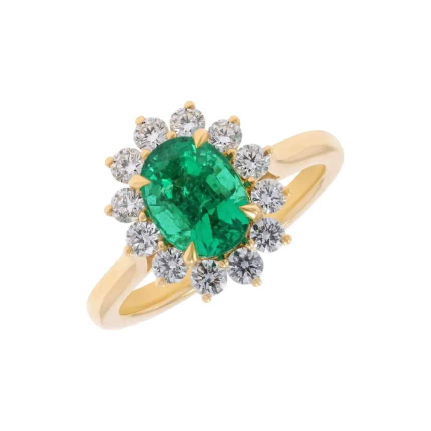 18ct Yellow Gold 1.65ct Emerald and 0.65ct Diamond Halo Cluster Ring