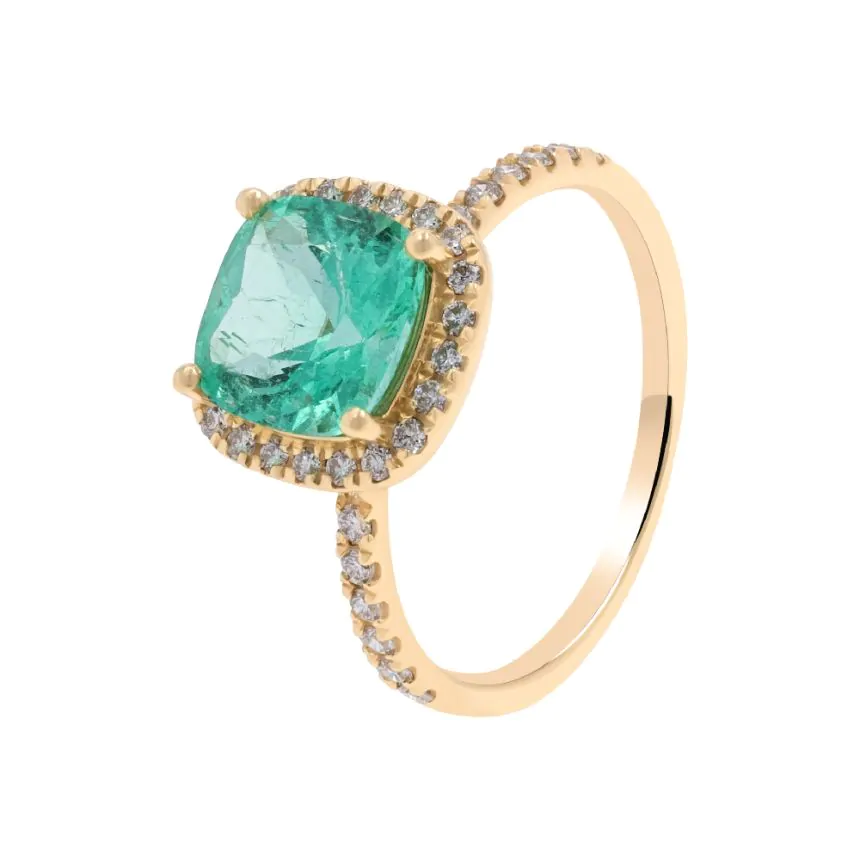 18ct Yellow Gold 1.76ct Emerald and 0.31ct Diamond Halo Ring