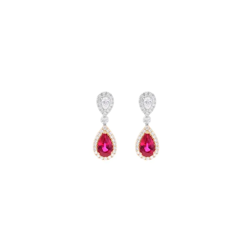 18ct Yellow & White Gold 1.54ct Ruby and 0.56ct Diamond Drop Earrings