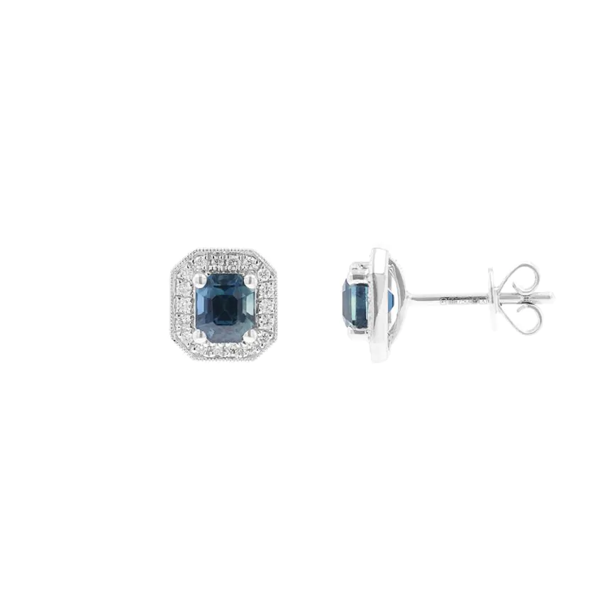 18ct White Gold Octagon Teal Sapphire & Diamond Stud Earrings