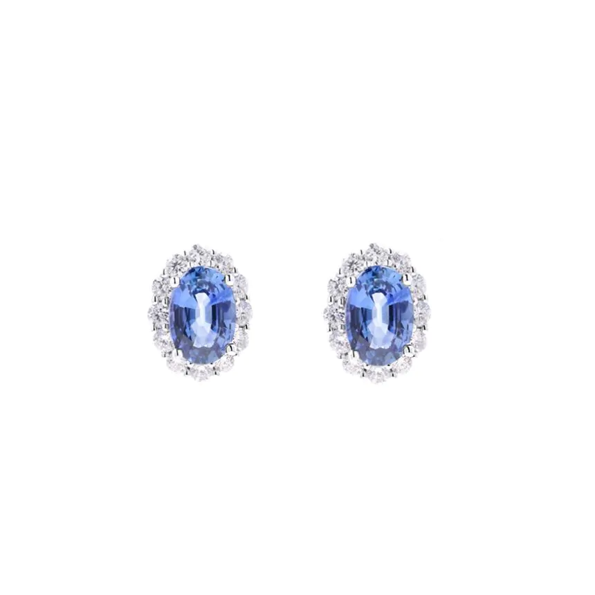 18ct White Gold 2.74ct Sapphire and 0.77ct Diamond Halo Stud Earrings