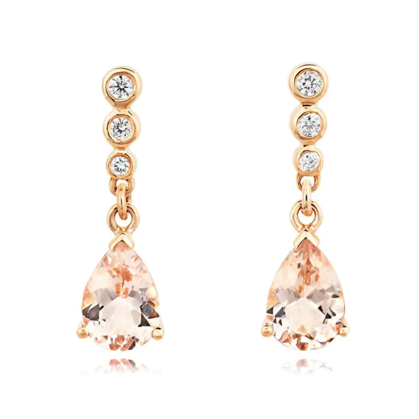 18ct Rose Gold 1.28ct Morganite and 0.08 Diamond Drop Earrings