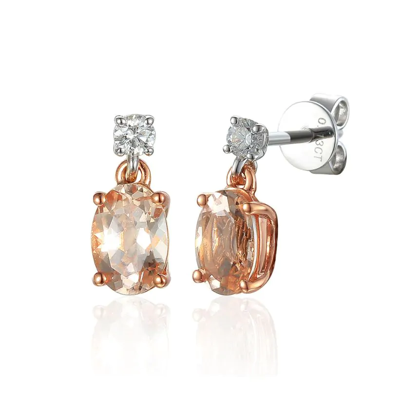 18ct White and Rose Gold Morganite and Diamond Small Drop Earrings