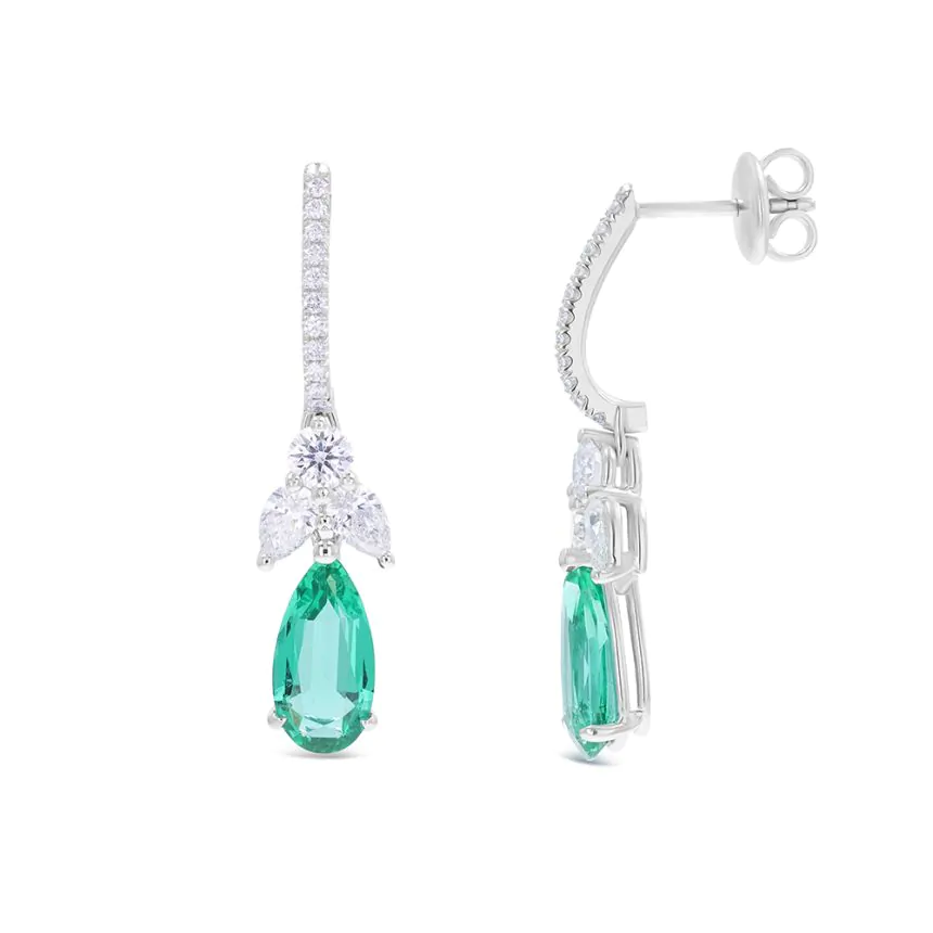 18ct White Gold 3.09ct Emerald and 1.30ct Diamond Drop Earrings