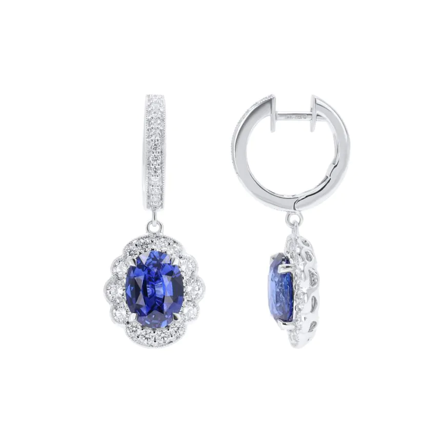 18ct White Gold 4.13ct Sapphire and 1.30ct Diamond Hoop Drop Earrings