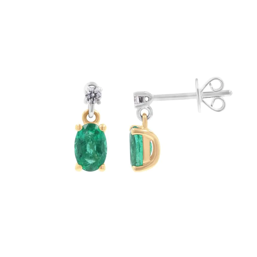 18ct Yellow Gold 0.90ct Emerald and 0.06ct Diamond Drop Earrings