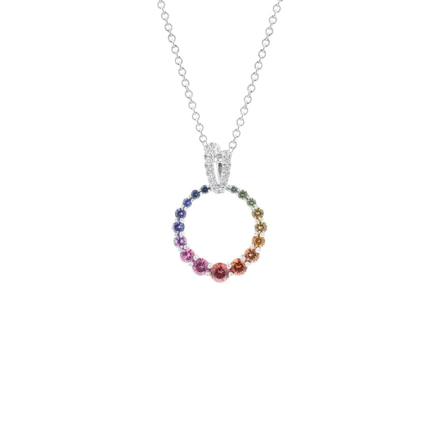 18ct White Gold 0.69ct Rainbow Sapphire & 0.07ct Diamond Circle Pendant and Chain