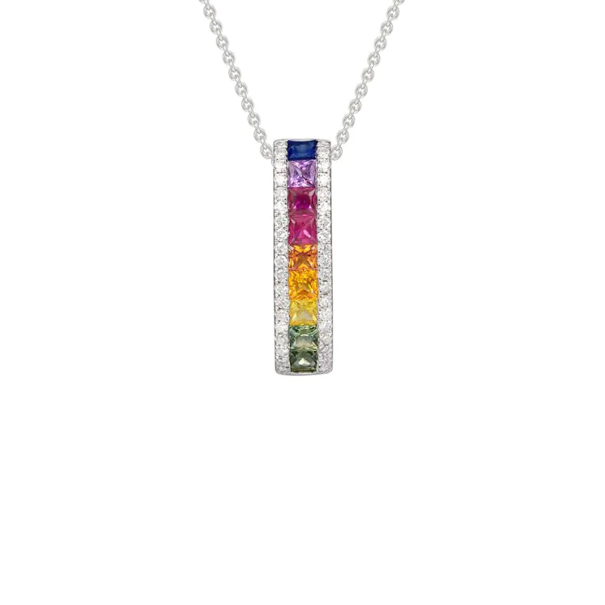 18ct White Gold 0.64ct Rainbow Sapphire and 0.18ct Diamond Bar Pendant on Chain