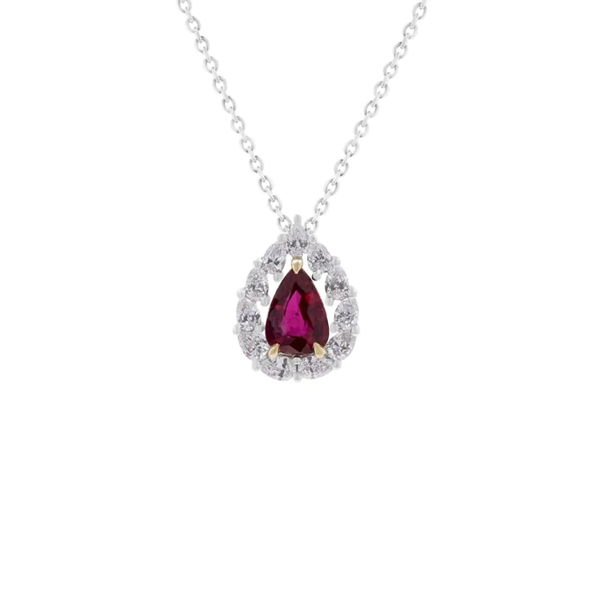 Platinum 0.85ct Ruby and 0.42ct Diamond Halo Pendant and Chain