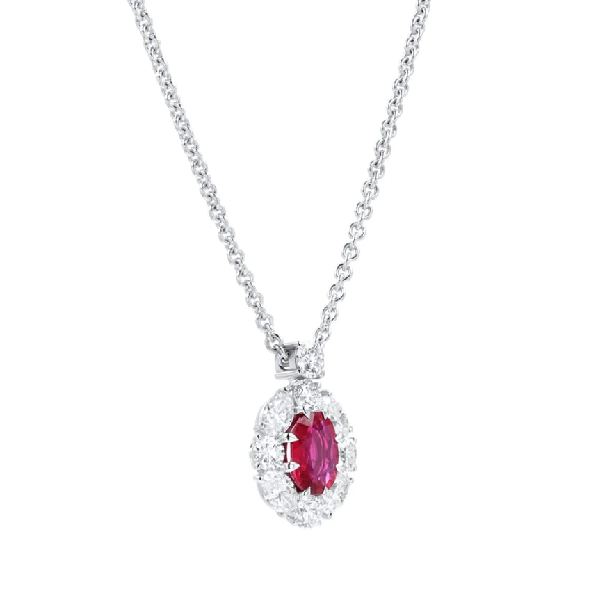 18ct White Gold 1.75ct Ruby and 1.77ct Diamond Pendant on Chain