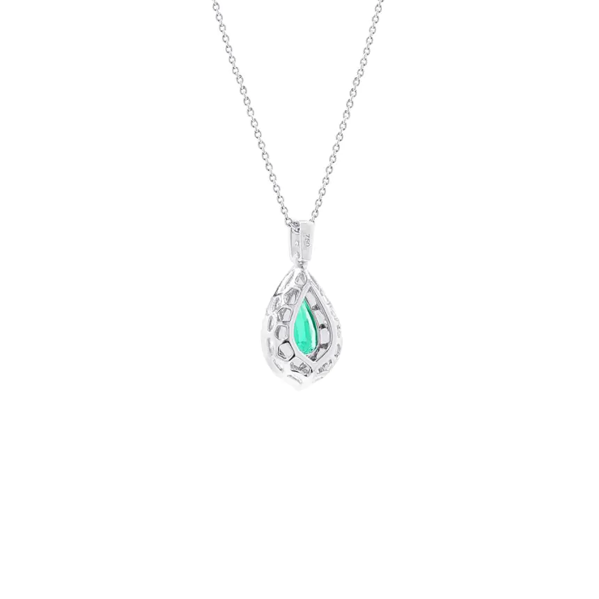 18ct White Gold 0.78ct Emerald and 0.31ct Diamond Halo Pendant and Chain