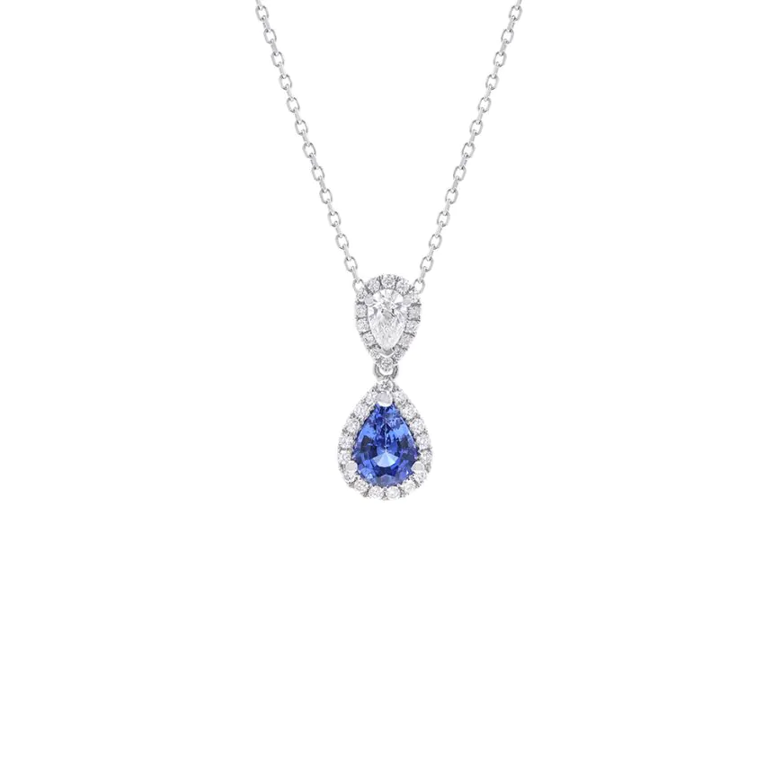 18ct White Gold 0.74ct Sapphire and 0.37ct Diamond Halo Pendant and Chain