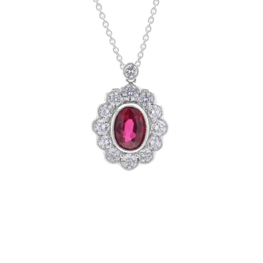 18ct White Gold 0.89ct Ruby and 0.76ct Diamond Pendant on Chain