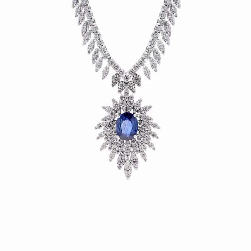 18ct White Gold 4.13ct Sapphire and 8.55ct Diamond Cluster Necklace