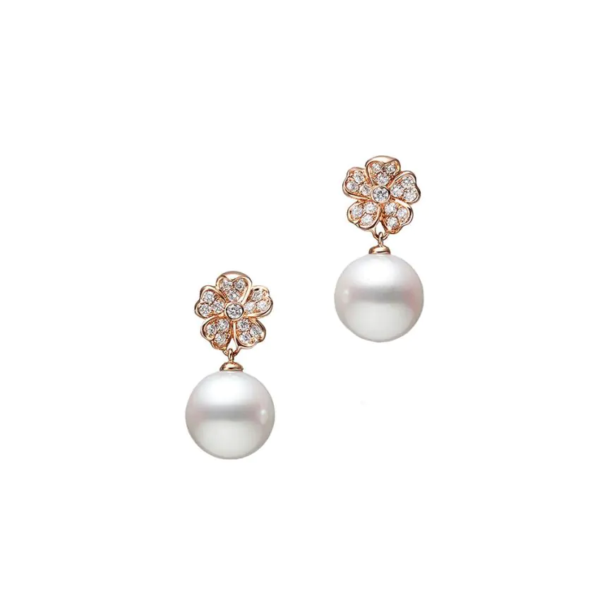 Mikimoto 18ct Rose Gold Cherry Blossom Pearl Earrings