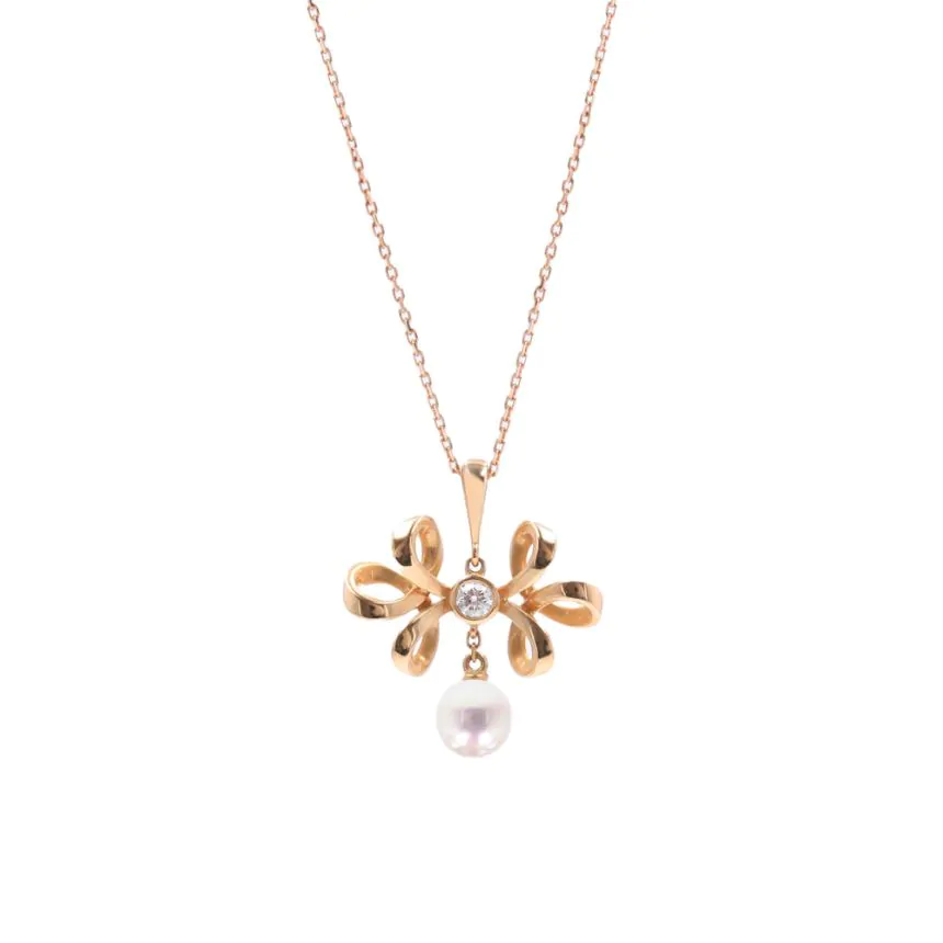Mikimoto Ribbons Collection 18ct Rose Gold, Pearl and 0.08ct Diamond Pendant and Chain