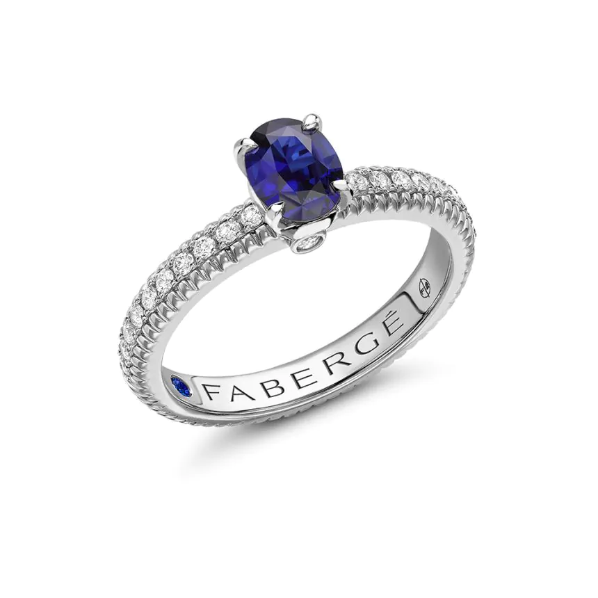Fabergé Colours of Love White Gold & Blue Sapphire Fluted Ring with Diamond Shoulders 831RG1645