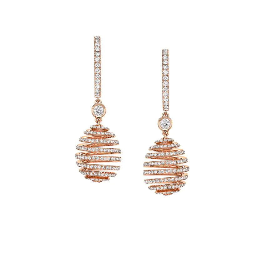 Fabergé Essence Rose Gold Diamond Pave Spiral Egg Drop Earrings 382EA826