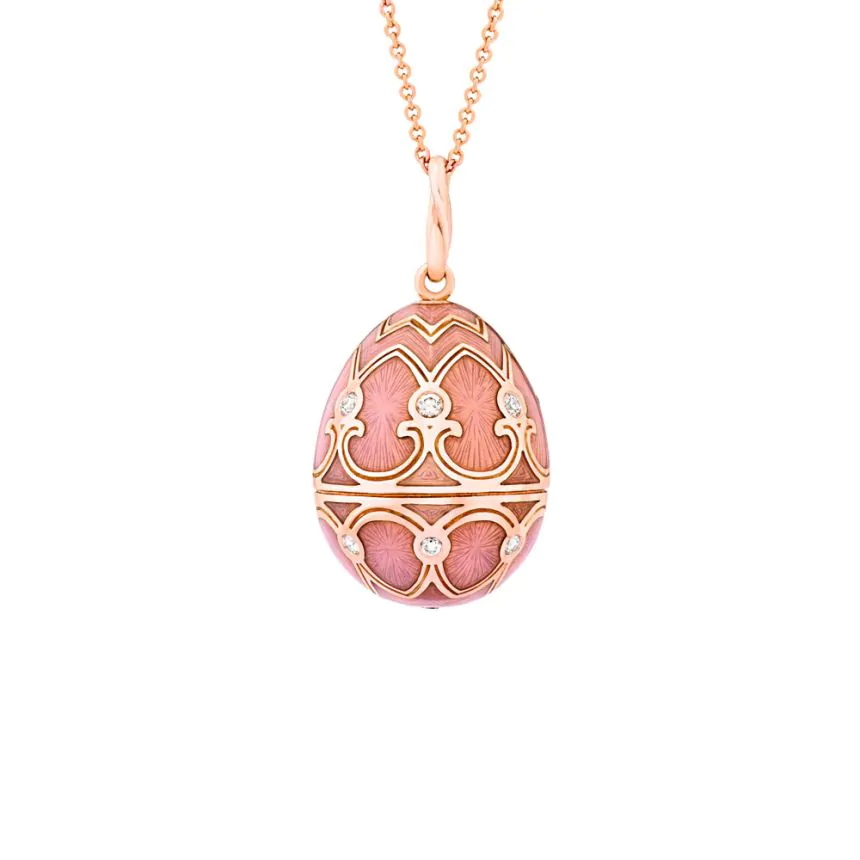 Fabergé Heritage Rose Gold Diamond & Pink Guilloché Enamel Egg Pendant 173FP1440