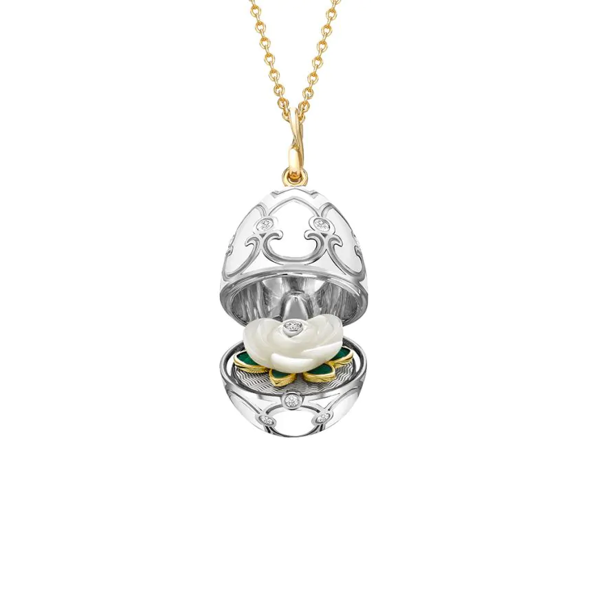 Fabergé White Guilloche and 18ct Yellow Gold Diamond and Mother of Pearl Rose Surprise Locket 1151FP