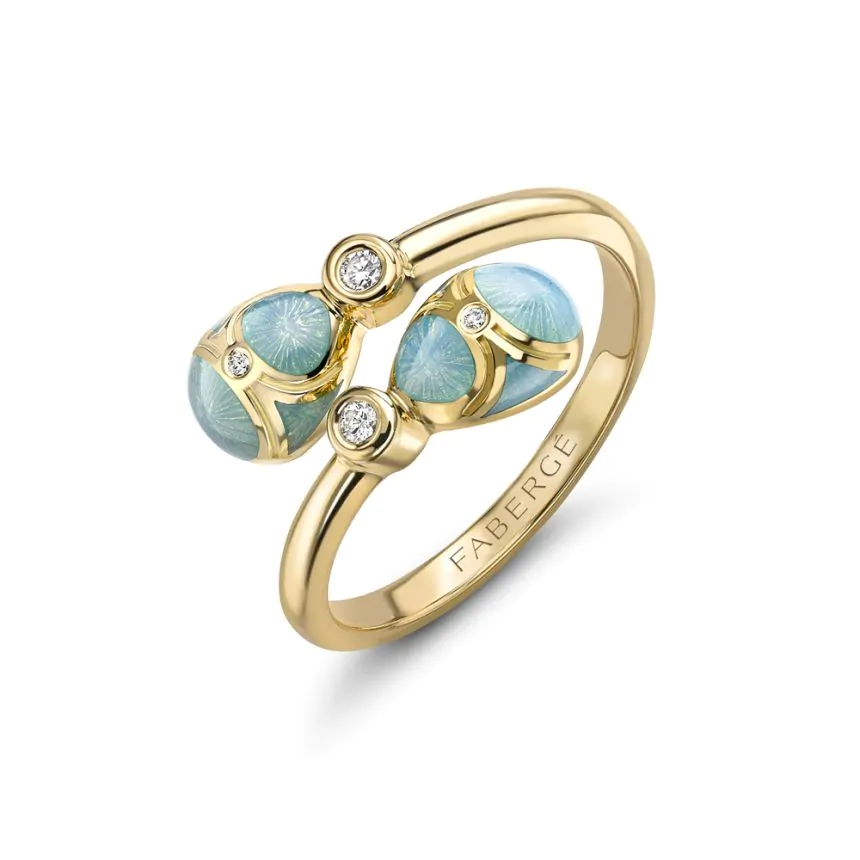 Fabergé Heritage Yellow Gold, Diamond & Turquoise Guilloché Enamel Crossover Ring 1137RG2108