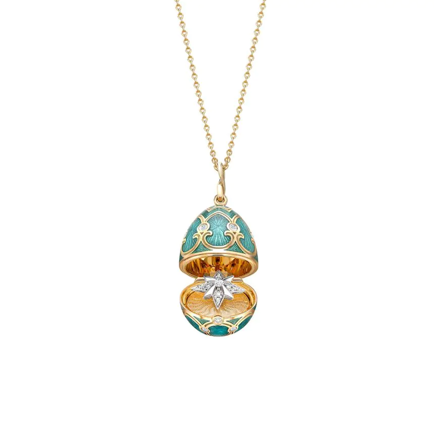 Faberge Heritage Yellow Gold Diamond & Teal Guilloché Enamel Trembling Star Surprise Locket 1151FP25