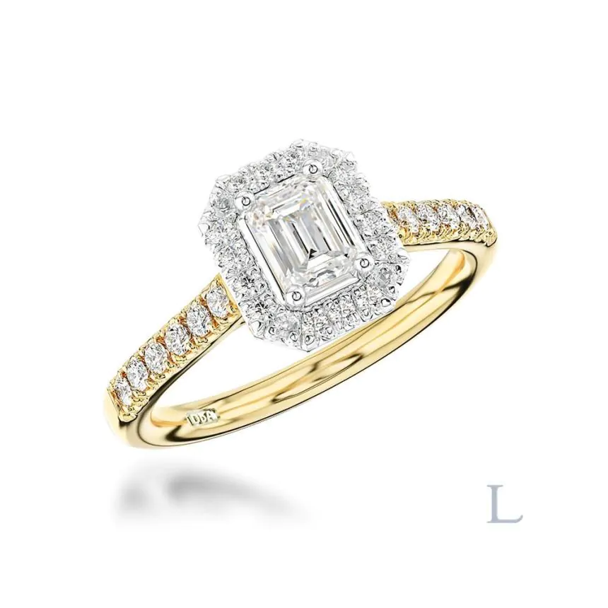 18ct Yellow Gold & Platinum 0.40ct G VS2 Emerald Cut Diamond Halo Ring