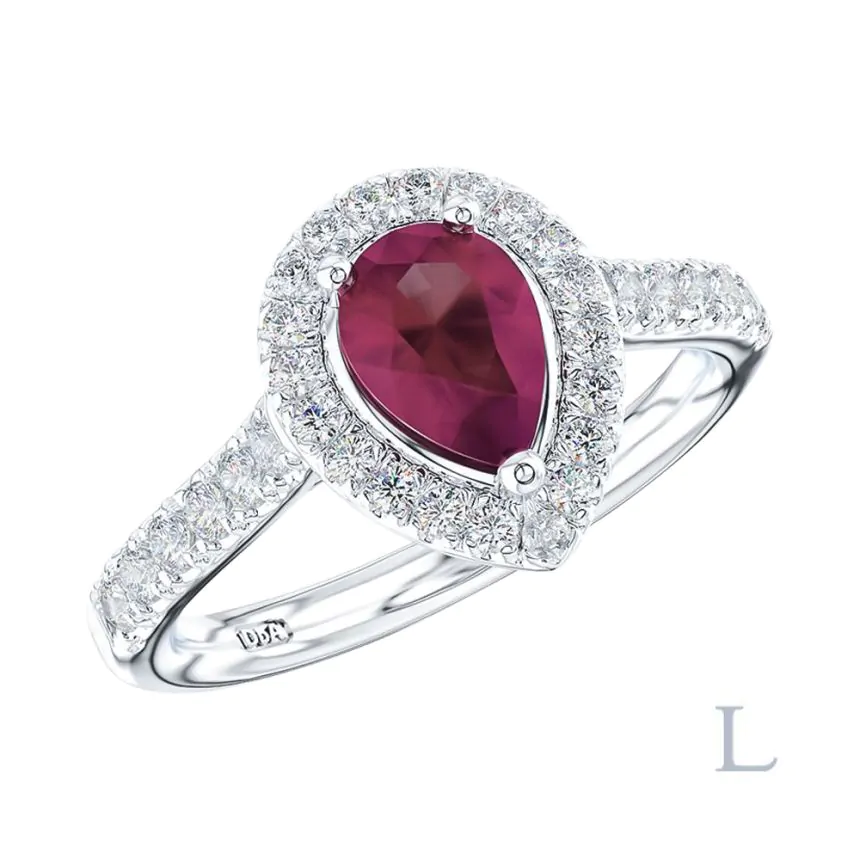 Platinum 2.47ct Pear Shape Cut Ruby and Diamond Halo Ring