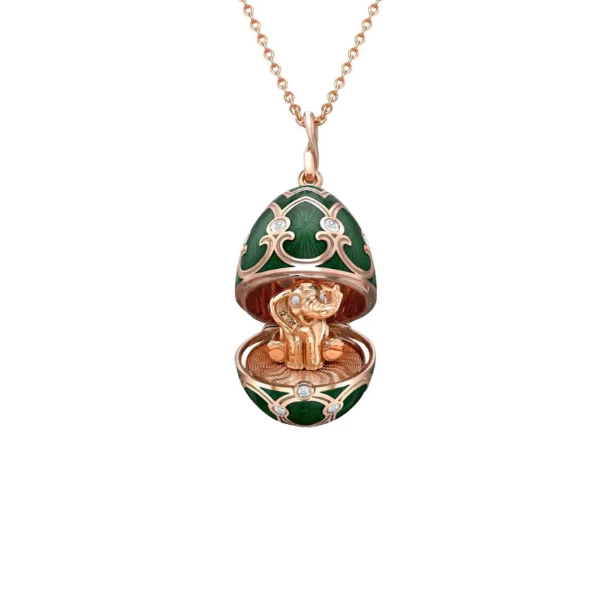 Fabergé Heritage Rose Gold Diamond & Green Guilloché Enamel Elephant Surprise Locket 1151FP2346