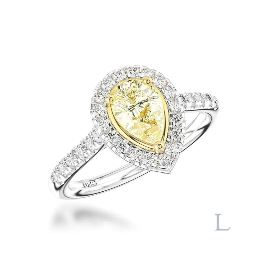 Platinum &18ct Yellow Gold 0.71ct FLY VS2 Pear Shape Cut Yellow Diamond and Diamond Halo Ring