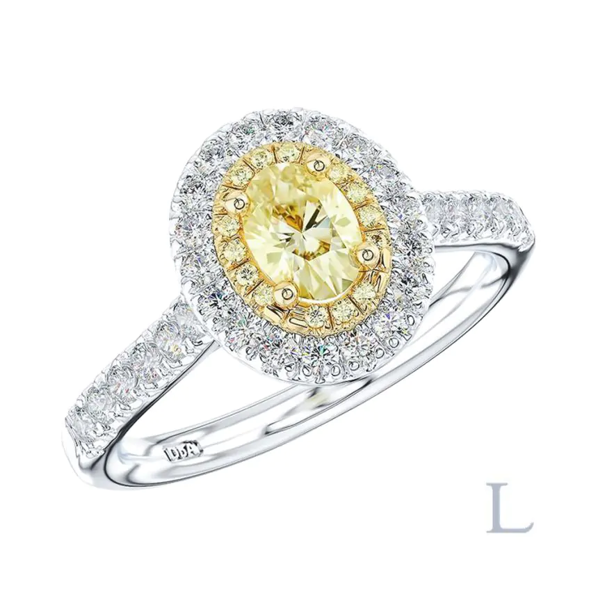 Platinum &18ct Yellow Gold 0.82ct FY SI1 Oval Cut Yellow Diamond and Diamond Halo Ring